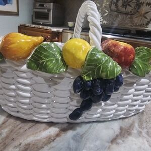 Ceramic Fruit Basket with White Woven Design